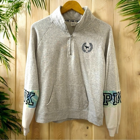 VICTORIA’S SECRET PINK Quarter Zip Pullover Sweater Grey Tropical Design - XS - Picture 1 of 8